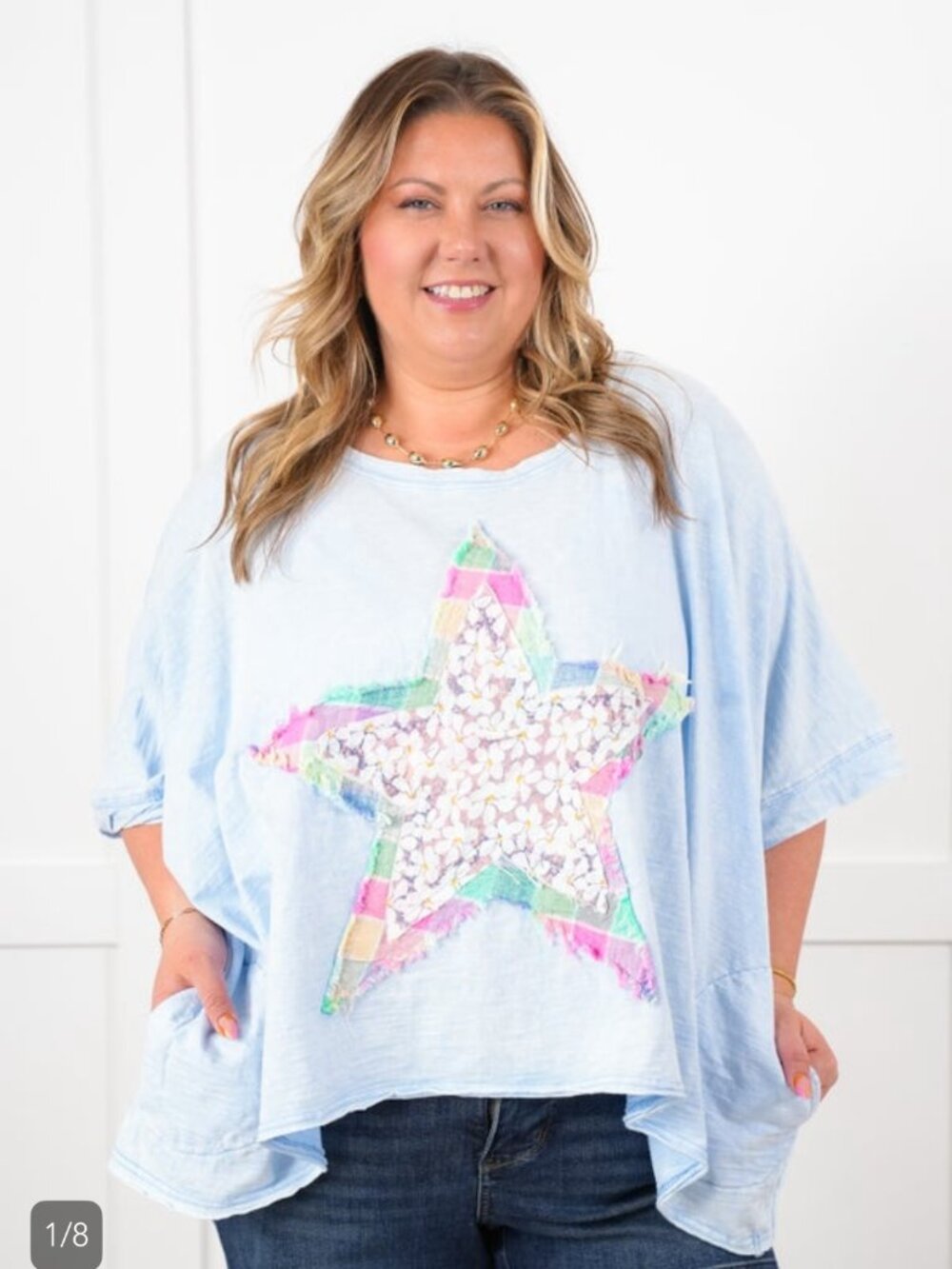 Blue Velvet - Star Patchwork Short Dolman Sleeve Round Neck Top - Blue - L